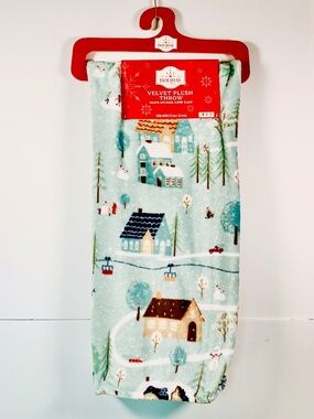 Holiday Time Throw Blanket Christmas Winter Village Snow Houses Trees Red Green